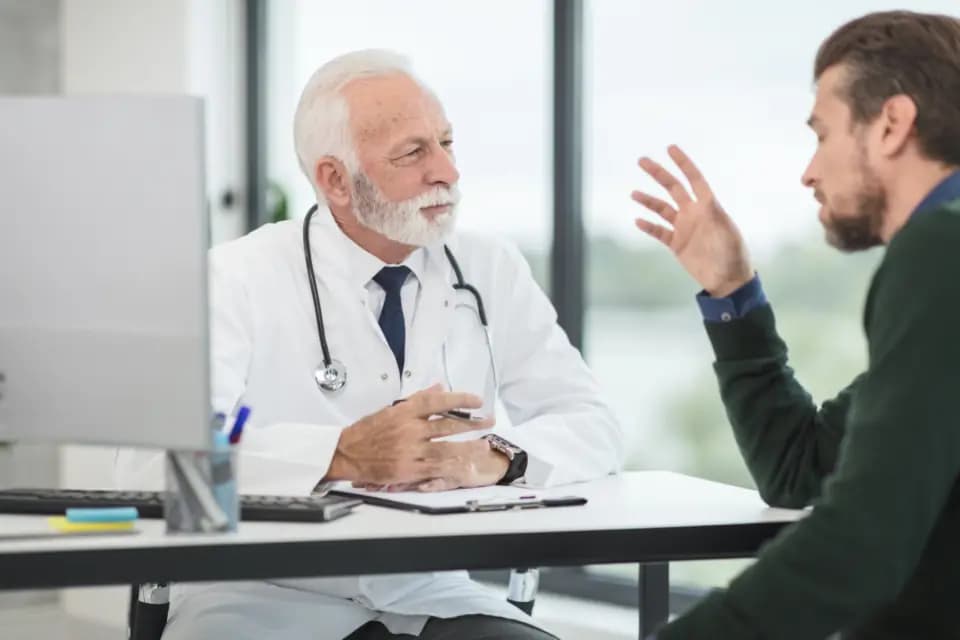 A doctor in a consultation with a patient at his desk